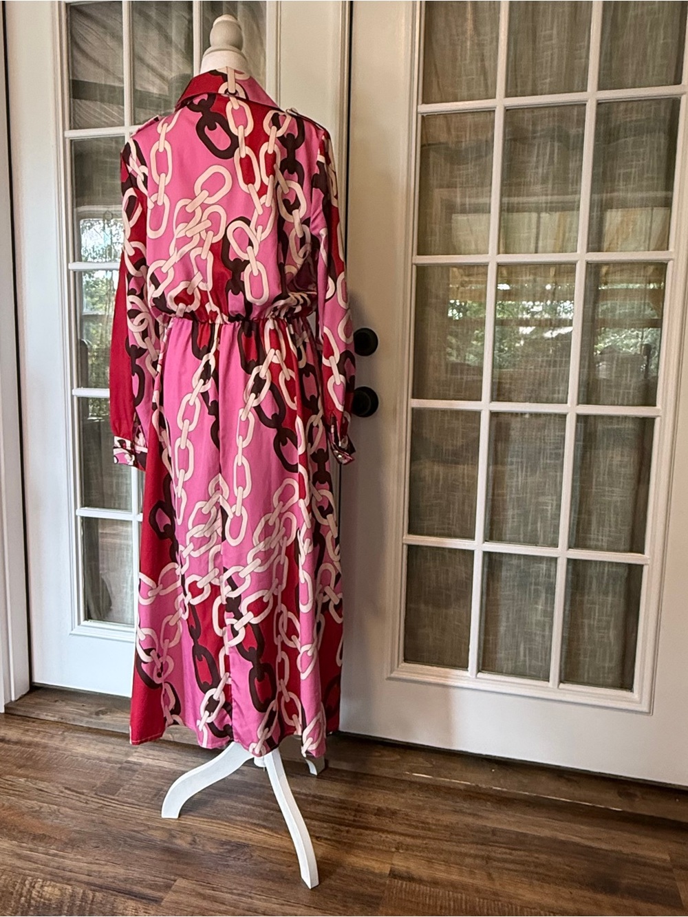 Long Sleeve Pink Chain-Print Maxi Dress